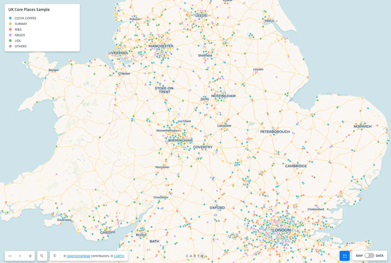 SafeGraph UK data provides points of interest and building footprints for England, Scotland, and Wales.