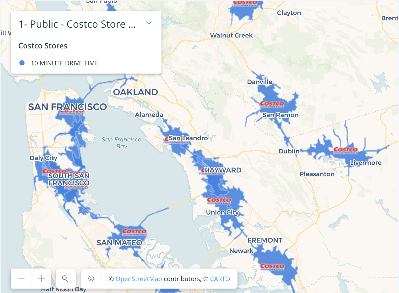 Example of drivetime for Costcos in California