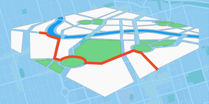 Bird’s eye view of a map showing roads