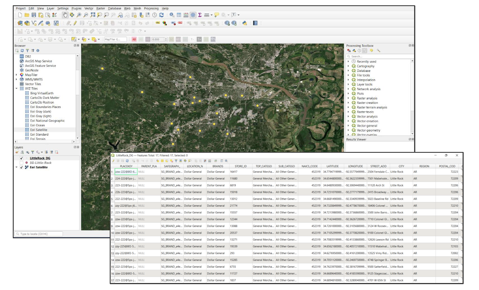SafeGraph data for Dollar General stores in Little Rock, AR; July 2022; visualized in QGIS.