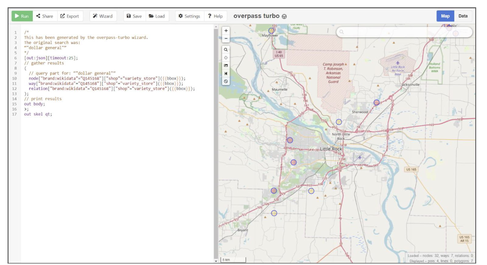 OpenStreetMap data for Dollar General stores in Little Rock, AR; July 2022; visualized in the Overpass Turbo user interface.