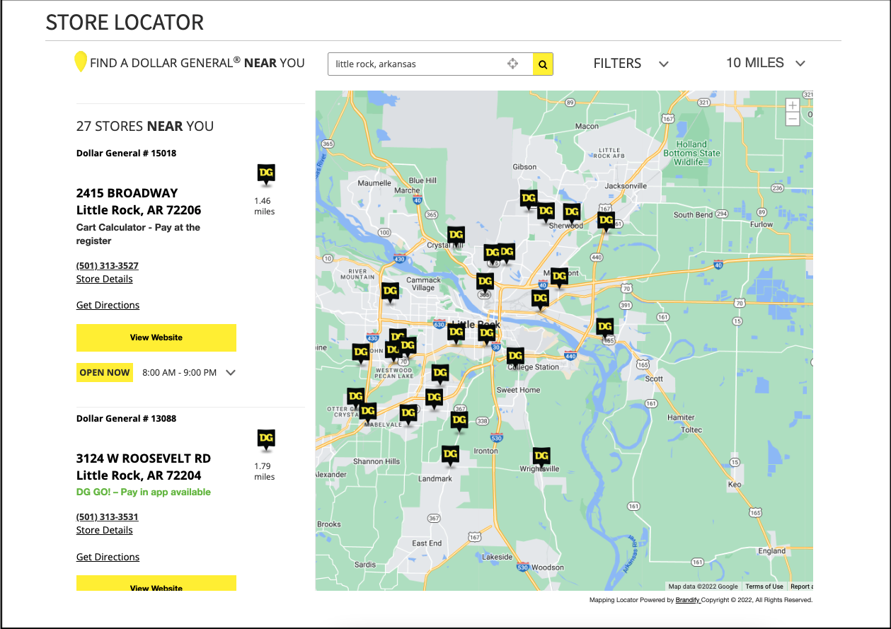 Dollar General store locator results for Little Rock, AR; July 2022.