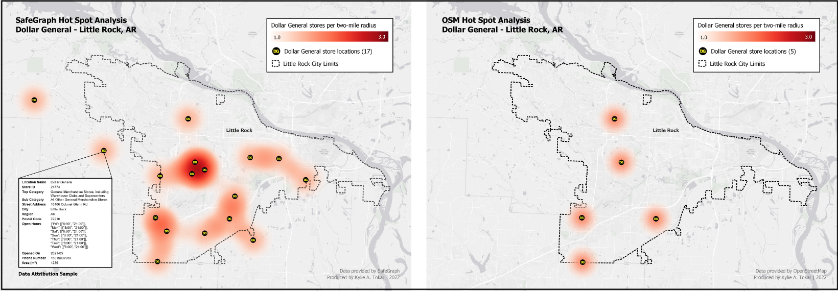 Kernel density estimation analysis with SafeGraph data vs OSM data; July 2022; visualized in QGIS.