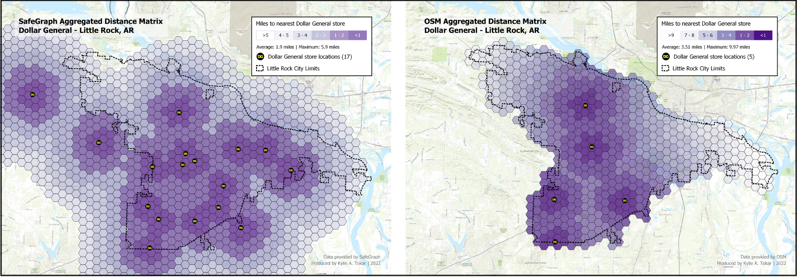 Aggregated distance matrix analysis with SafeGraph data vs OSM data; July 2022; visualized in QGIS.