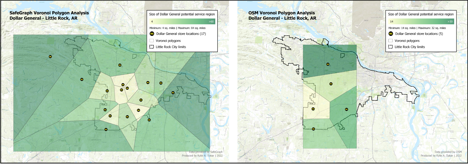 Voronoi polygon analysis with SafeGraph data vs OSM data; July 2022; visualized in QGIS.