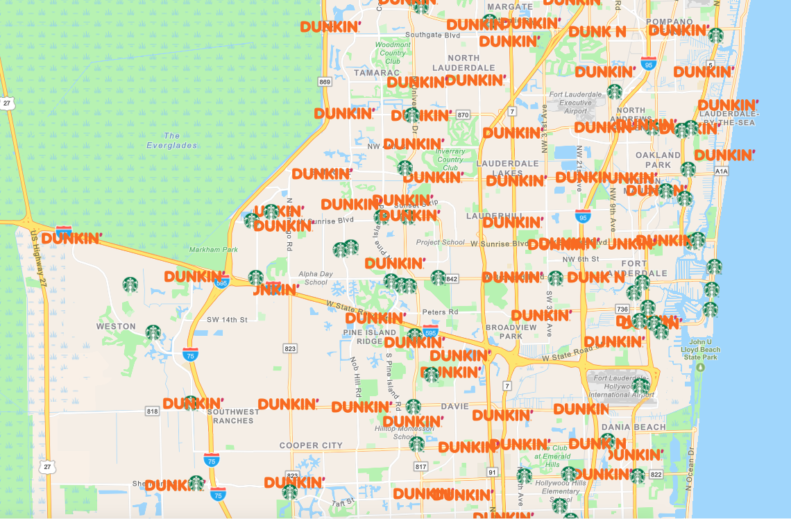 Dunkin' and Starbucks locations mapped in Esri ArcGIS
