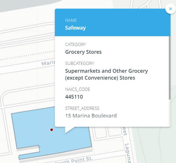 Detailed POI and building footprint information provides context for consumer behavior.