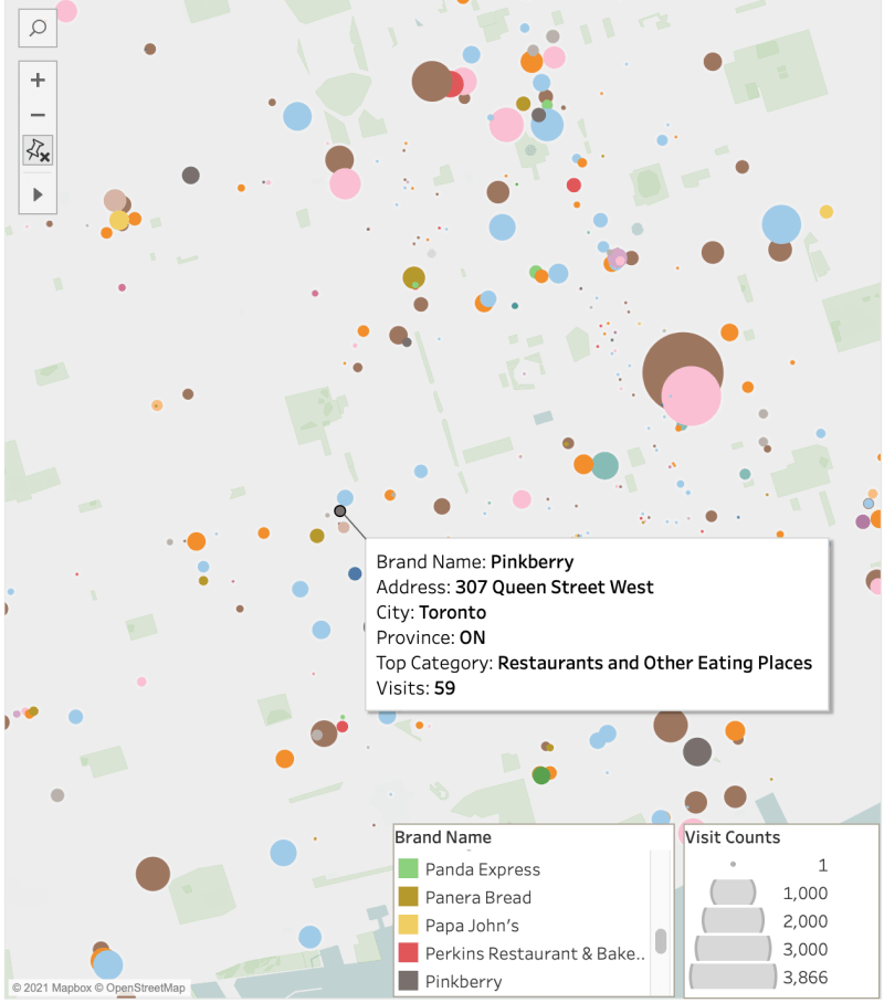 Proportional symbol map of one-day visits to Toronto restaurants