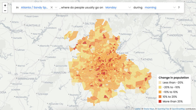 Choropleth map showing movements of regional populations in Atlanta, Georgia on Monday mornings