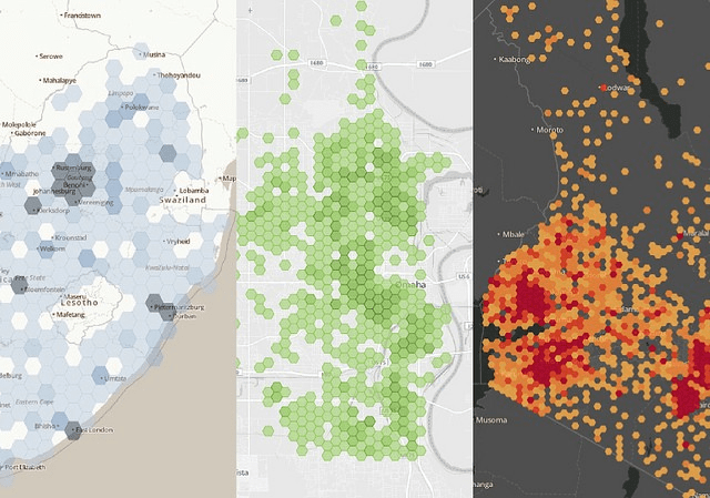 Examples of hexagonal binning maps for South Africa, Nebraska, and Kenya