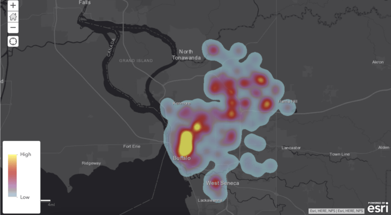 Heat map showing the concentrations of healthcare facilities in Buffalo, New York
