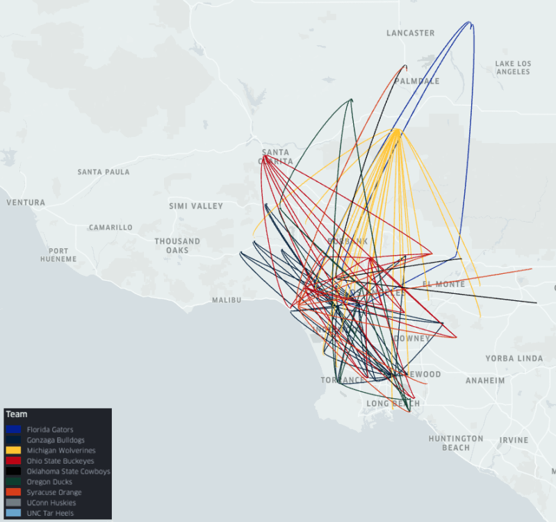 Flow map showing movement of consumers by college basketball team fan base affiliation