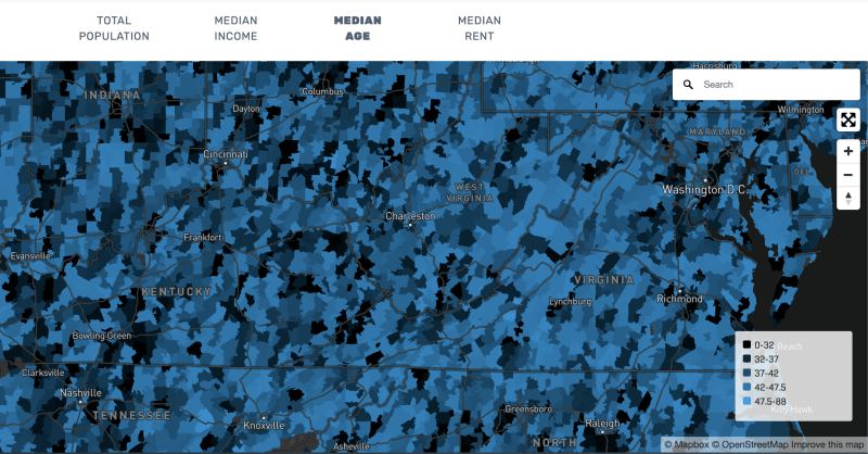 Median age demographics data for a portion of the eastern United States