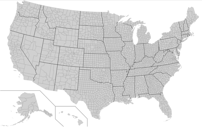 A map detailing the boundaries of US states and their respective counties