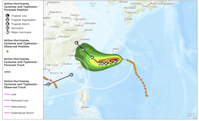 Environmental map of active hurricanes, cyclones, and typhoons off the eastern coast of Asia