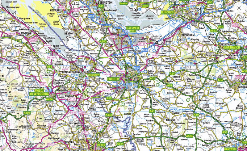 Map of road systems in Cheshire county, United Kingdom