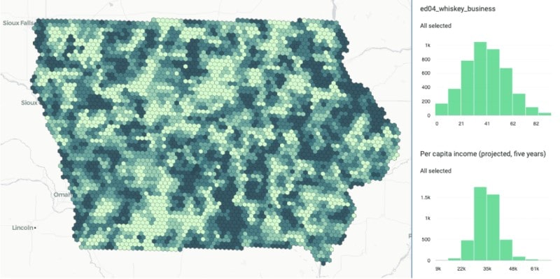 Hexagonal binning map depicting prevalence of liquor-interested demographics across Iowa