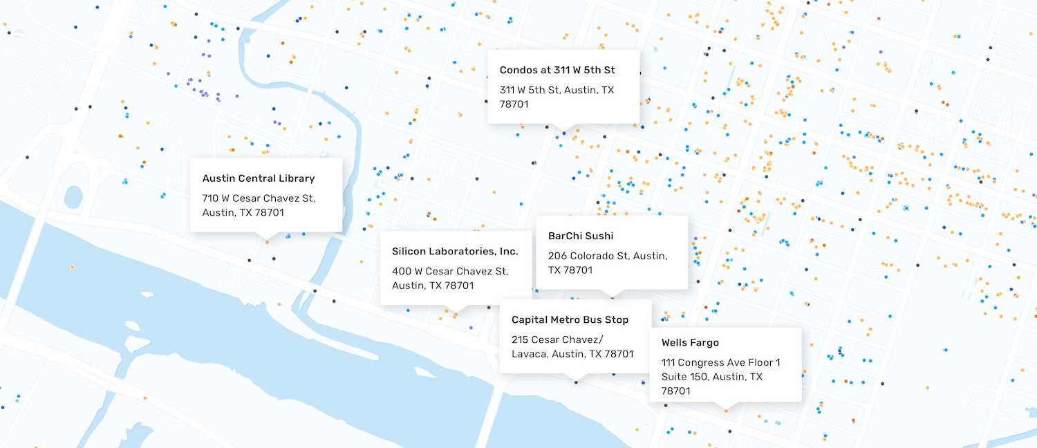 SafeGraph Places provides a comprehensive view of what POIs exist in an area, including non-traditional places like corporate offices, bus stops, and apartment complexes.