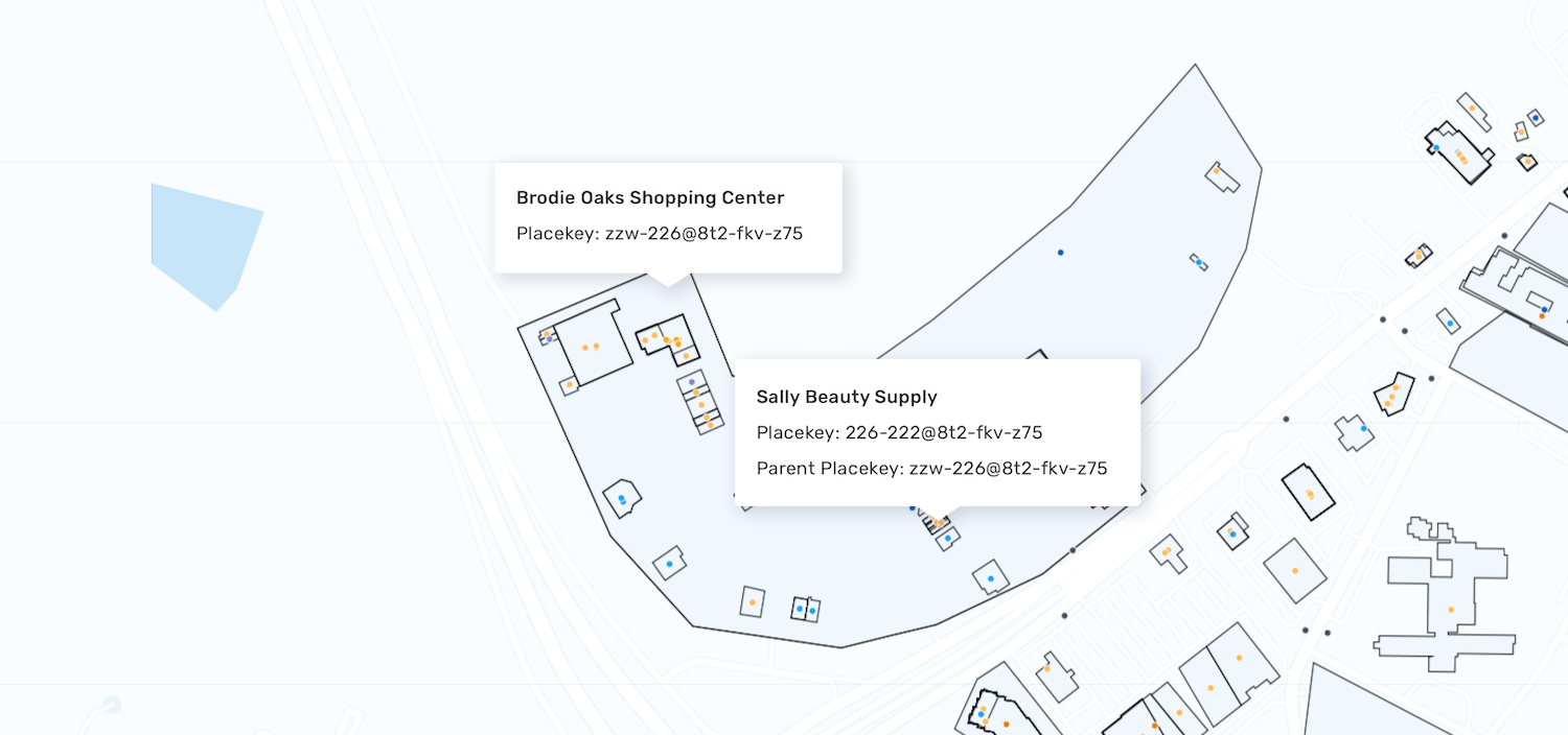 Placekey and Parent Placekey denote spatial hierarchy (how places relate to each other), such as a store within a mall.