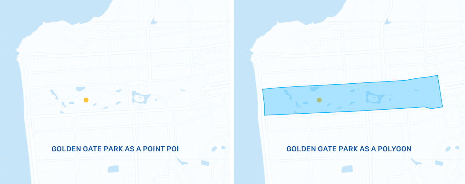 SafeGraph produces a polygon dataset for users who require a more precise understanding of a place’s spatial extent.