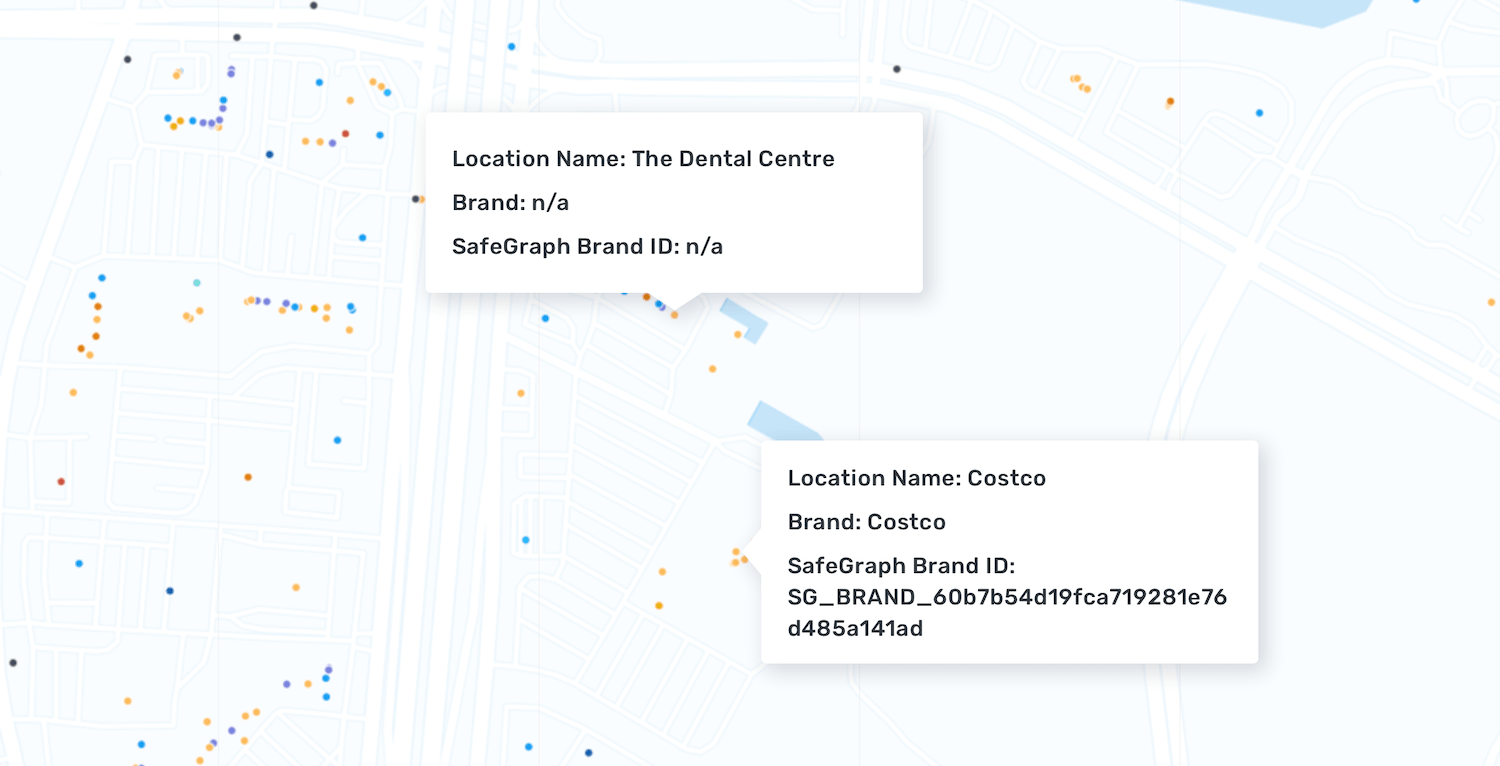 Some columns in the Places dataset only apply to certain types of POIs, like Brand and Brand ID. Smaller mom-andpop store locations or offices will have ‘null’ values in these columns because they do not belong to a larger brand.