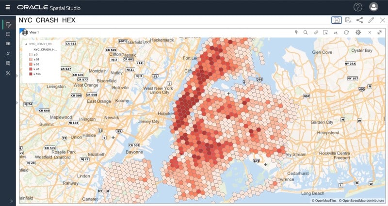 Map of car accidents in New York built on Oracle Spatial Studio