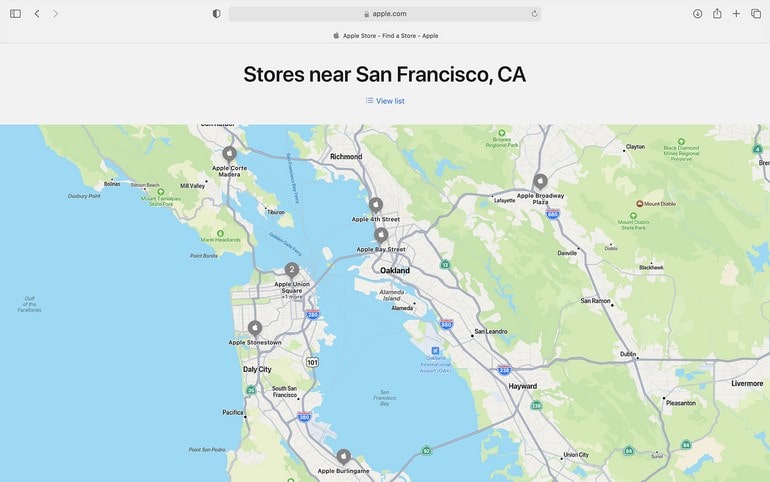 Sample map of Apple stores in San Francisco created with MapKit JS