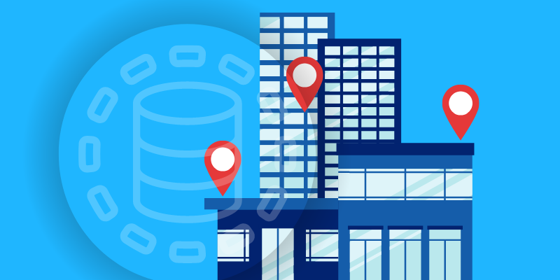 A complex of office buildings with location markers on them, with a database concept faintly superimposed
