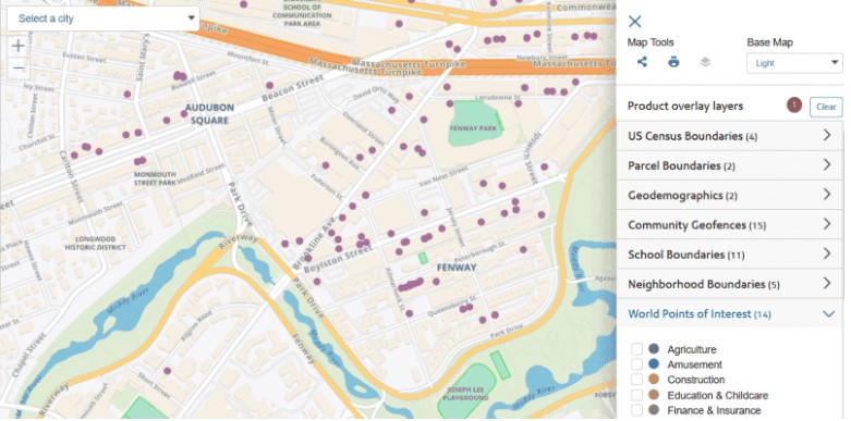 A point of interest data layer from Precisely overlaying a map of Boston, Massachusetts