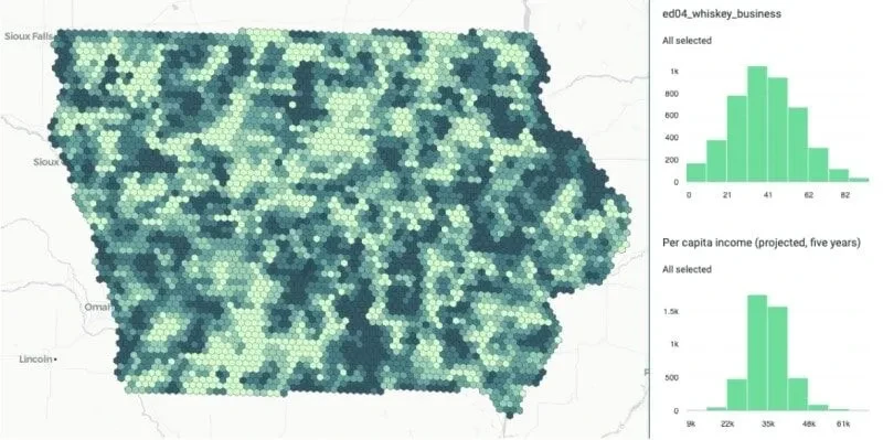 Geospatial visualization showing CPG liquor sales predictions across Iowa using POI data demographic factors and social sentiment from CARTO and SafeGraph
