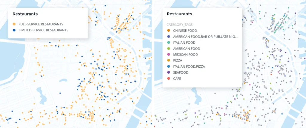 Map showing restaurant locations by type and cuisine