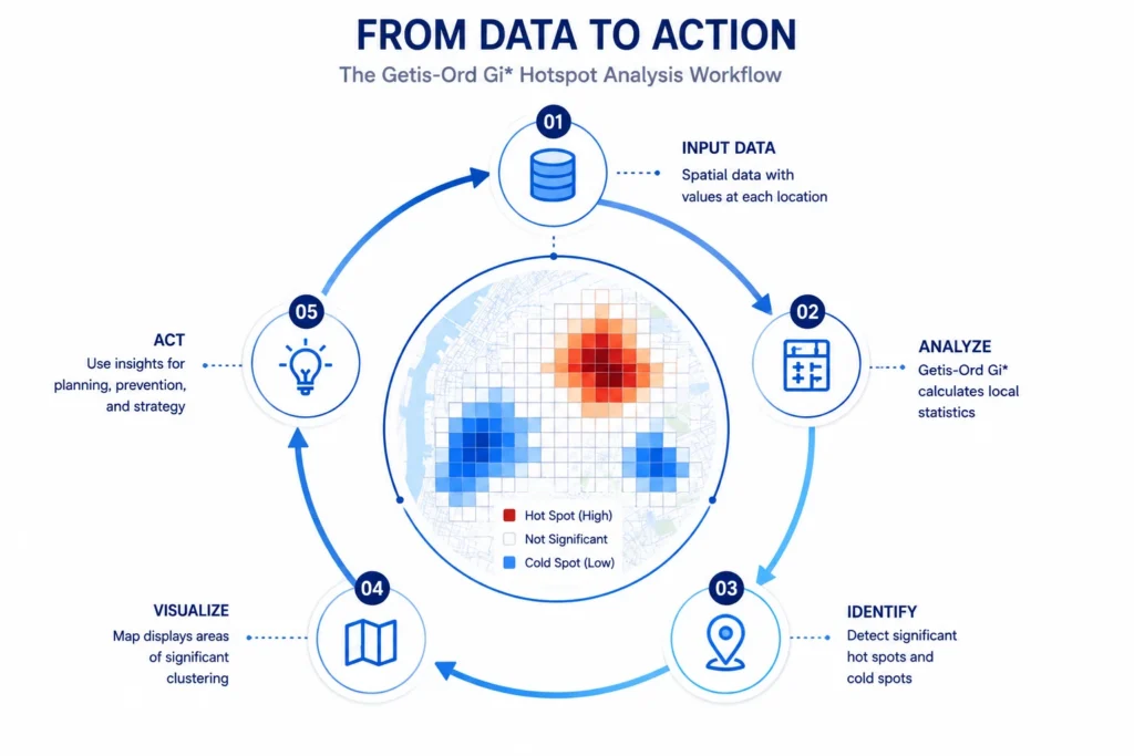 Getis-Ord Gi hotspot analysis workflow from spatial data to hotspot identification.