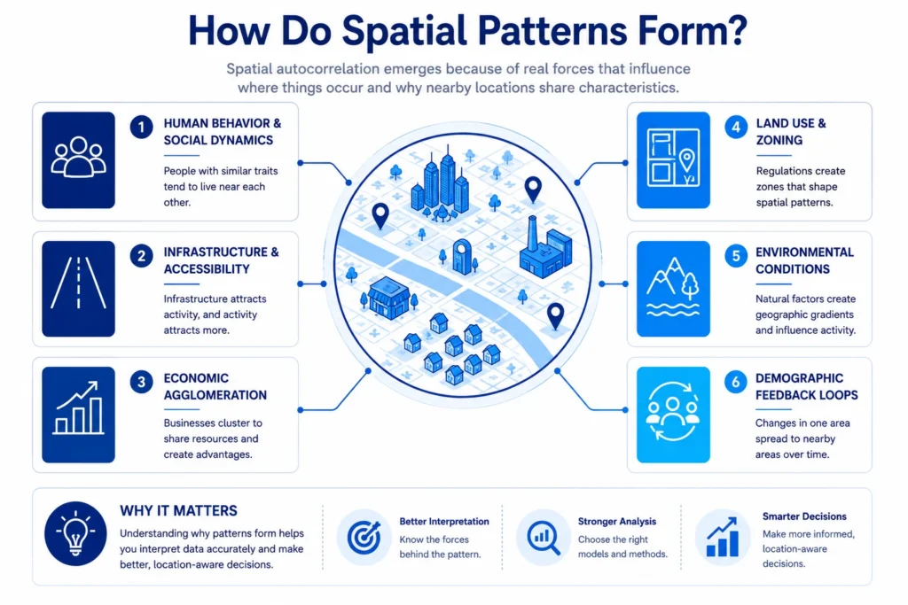 Infographic explaining the key factors that create spatial patterns in geographic data.