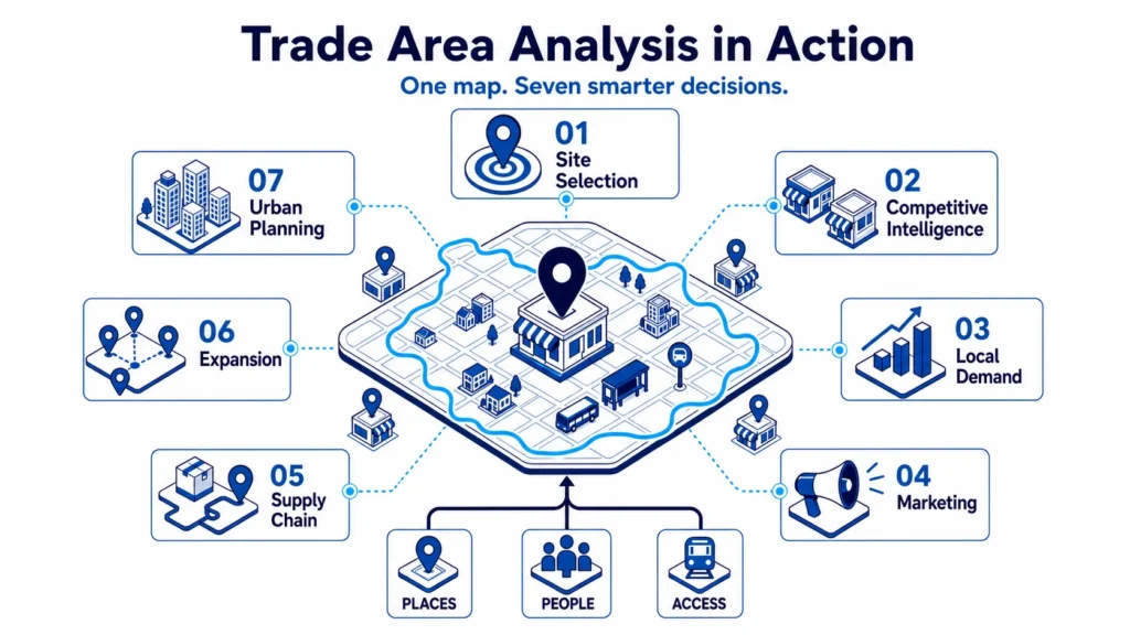 Infographic showing 7 Benefits of Trade Area Analysis through a wheel graphic.